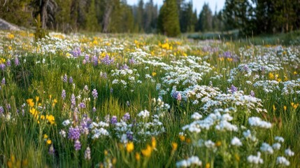 A vibrant meadow filled with a variety of wildflowers, including white and yellow blooms, under a clear blue sky with scattered clouds.