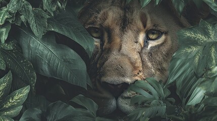 A lioness with a serious expression, surrounded by lush green foliage, looking directly at the camera.