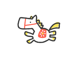 手描きのカラフルな馬具をつけ走るかわいい白馬　木馬
