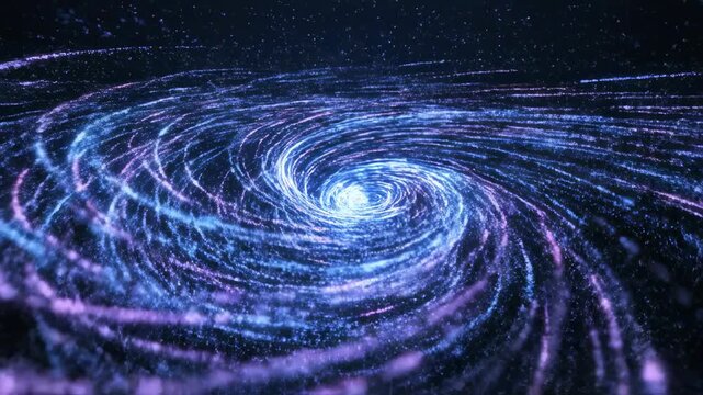 Seamless loop of blue and purple glowing particle energy forming a massive swirling data vortex in a dark digital space visualization, power, communication