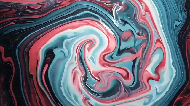 Stunning cinematic visuals of swirling marble paint in 4K resolution. Abstract fluids in a dynamic color scheme of dark blue, teal, pink, coral and white
