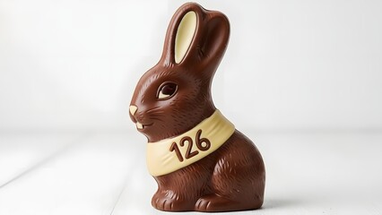 Chocolate Bunny Delight: A delightful, single chocolate bunny with the number 126 on its collar, stands in delightful stance, showcasing intricate details.