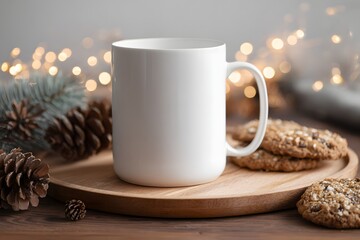 Fototapeta premium Blank white mug mockup in a cozy winter setting. Close-up on a wooden tray with oatmeal cookies, pine cones, and golden bokeh string lights. Ideal for holiday designs.