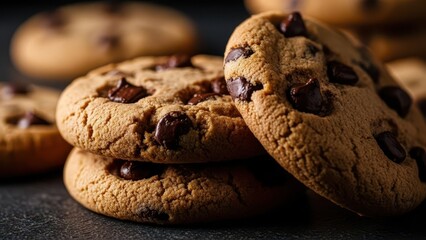 Delicious chocolate chip cookies stacked on a dark surface.