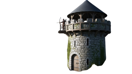 Archer aiming bow on medieval tower