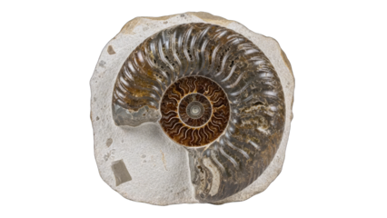 Ammonite Fossil Displayed on White Background