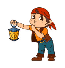 Boy kid pirate with lantern cartoon funny character. Kid corsair skipper cute isolated personage, pirate crew boatswain happy vector character. Filibuster child fighter funny isolated mascot