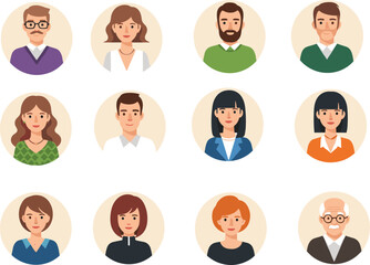 Diverse avatar profile icons, business people portraits, flat vector illustration, male and female characters, circle user icons, modern social media display