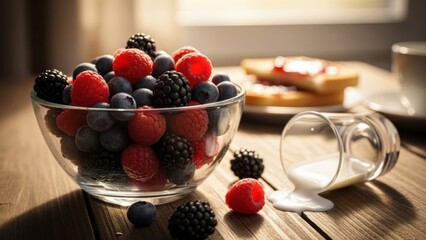 Vibrant Berries and Spilled Milk on Wooden Table