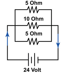 Circuit Diagram With Parallel Resistors 5 Ohm, 10 Ohm, 5 Ohm And A 24 Volt Battery