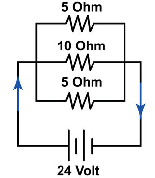 Circuit Diagram With Parallel Resistors 5 Ohm, 10 Ohm, 5 Ohm And A 24 Volt Battery