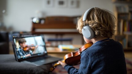 A young boy wearing headphones, playing the violin in front of a laptop screen, with a wooden floor and a bookshelf in the background.