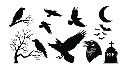 A collection of black raven silhouettes crescent moon and spooky halloween elements