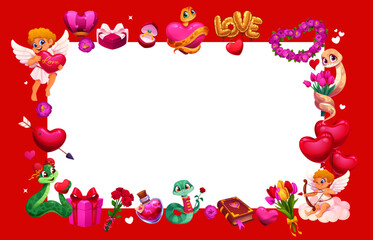 Valentine day holiday frame with hearts, cupids and flowers, vector greeting card template. Valentine day frame of cherub angel cartoon characters, snakes with roses and heart balloons or wedding ring