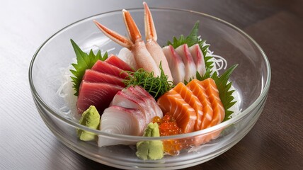 Assorted fresh sashimi arrangement in a glass bowl featuring tuna salmon and crab on a wooden table