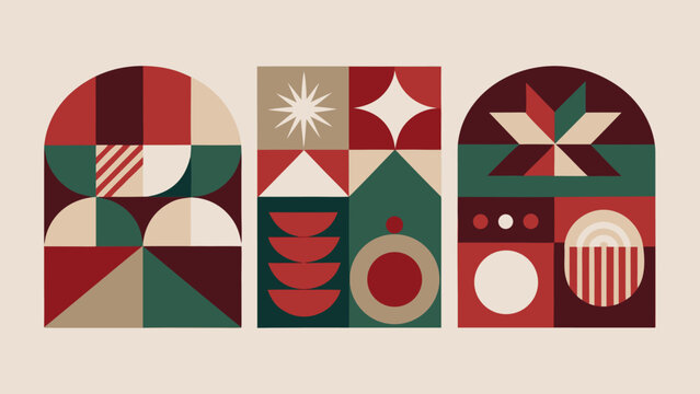 Christmas cards adorned with vibrant geometric patterns, perfect for holiday greetings..eps