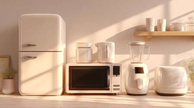 Beige retro kitchen appliances with sunlight creating warm shadow - Powered by Adobe
