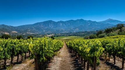 Fototapeta premium Lush vineyard rows stretch toward mountains under a clear blue sky