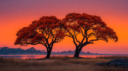 Two trees with orange leaves stand against a vibrant sunset sky near a calm body of water