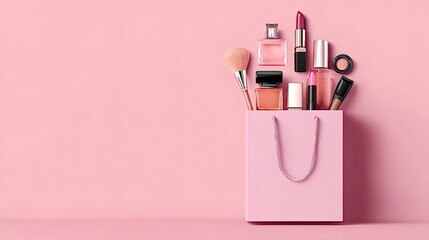 Cosmetics and beauty products spilling from pink shopping bag