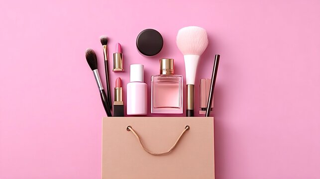 Makeup brushes and cosmetics coming out of shopping bag