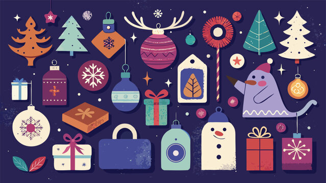 collection of Christmas cards and tags arranged on a brown background, showcasing festive designs and colors..eps