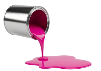Pink paint pouring from a metal can isolated on transparent background