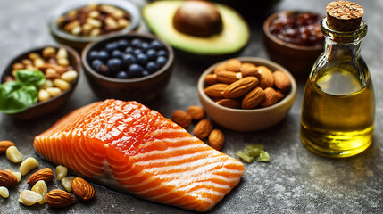 Salmon, Avocado, Olive Oil, Nuts and Blueberries Healthy Food Set, Balanced Diet, Nutrition Concept, Restaurant Menu, Mediterranean Cuisine

