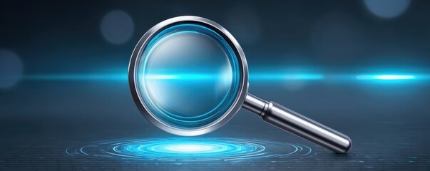 Media Literacy Concepts on Disinformation. A futuristic magnifying glass glows with blue light, set against a dark background, symbolizing search and discovery.
