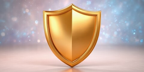 Media Literacy Concepts on Disinformation. A shiny golden shield with a smooth surface, set against a blurred blue background, symbolizing protection and security.