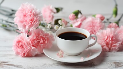 Fototapeta premium A white ceramic cup filled with black coffee, placed on a white saucer, with pink carnations and greenery in the background.