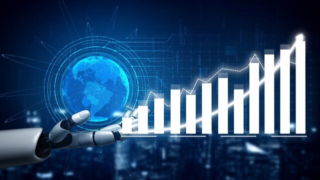 A striking image of a robotic hand holding a luminous globe, symbolizing technological progress with a dynamic upward graph in the background, illustrating data growth. Copula