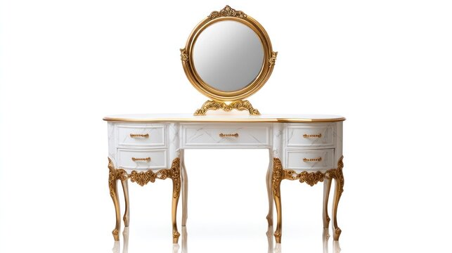 A luxurious white and gold dressing table with a round mirror, ornate gold accents, and a white marble top, set against a white background.