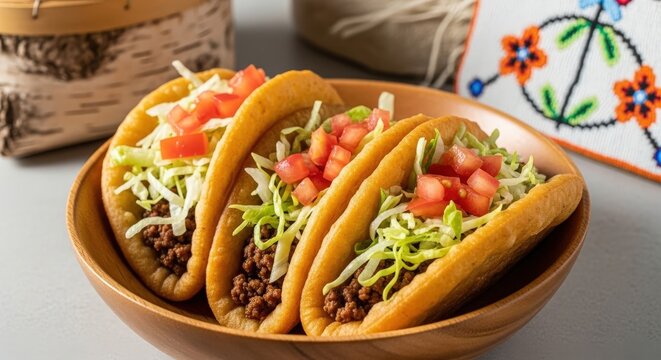 Modern Canadian Bannock Tacos &ndash; Crispy Frybread with Beef, Lettuce & Tomato in Cedar Bowl