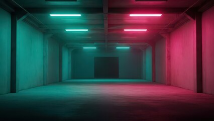 Empty Industrial Hallway with Vibrant Neon Lights and Concrete Walls.