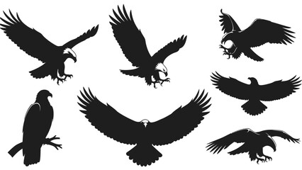 Obraz premium Collection of black eagle silhouettes in various flying and perched poses, vector illustration set of a majestic bird of prey on a white background