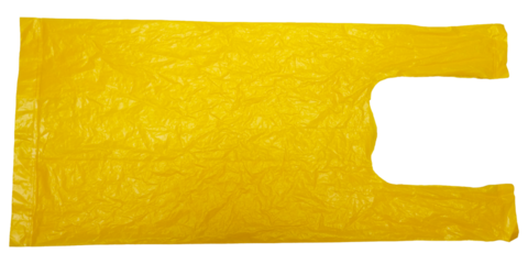 Wrinkled Yellow garbage bag isolated on a transparent background. Real High-Density Polyethylene plastic bag. HDPE shopper, plastic waste and pollution.