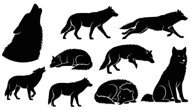 Collection of black wolf silhouettes in various poses on a white background.