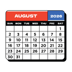 Calendar For The Month of August 2026 © RMNKO