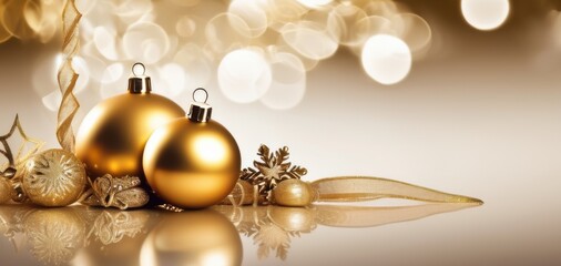 golden christmas ornaments on reflective surface with bokeh, concept of retail, events, marketing, banner