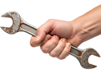 Hand holding an adjustable wrench isolated on transparent background