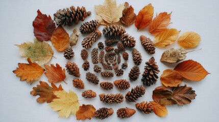 A spiral arrangement of pine cones and autumn leaves on a white background, with a focus on the natural colors and textures of the fall season.