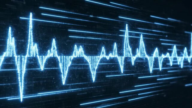 Seamless loop of glowing blue digital frequency lines moving dynamically across a dark electronic background creating an abstract energy flow streaming, smooth, connection