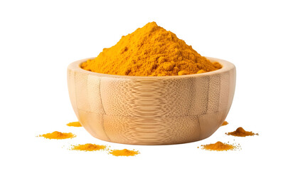 A small wooden bowl filled with bright yellow turmeric powder, a common spice and coloring agent, isolated on transparent background