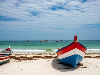 Coastal Scene with Wooden Fishing Boats on Sandy Beach