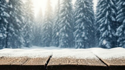 Empty wooden table covered with snow in a beautiful winter forest landscape with blurred pine trees and sunlight.