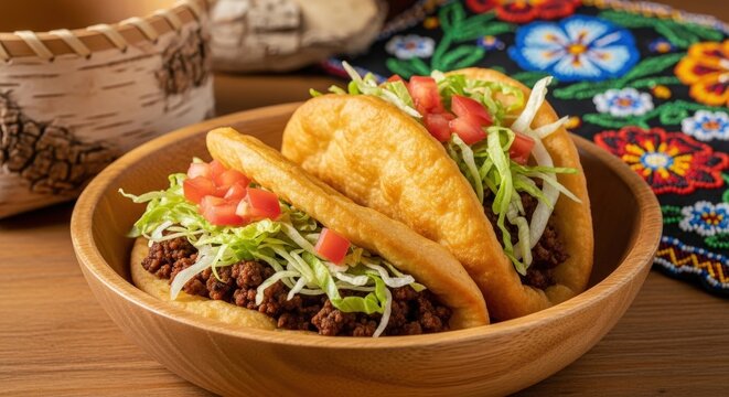 Modern Canadian Bannock Tacos &ndash; Crispy Frybread with Beef, Lettuce & Tomato in Cedar Bowl