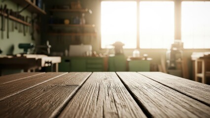 Empty wooden workbench in a sunlit workshop with blurred background.