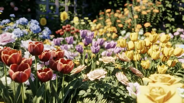 A Vibrant Garden A Colorful Array of Flowers in Full Bloom Under the Sunlight