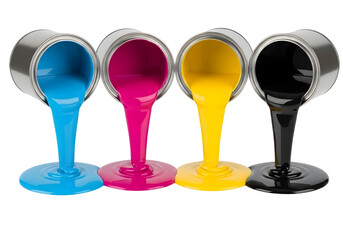 Four colorful liquids pouring from glasses isolated on transparent background